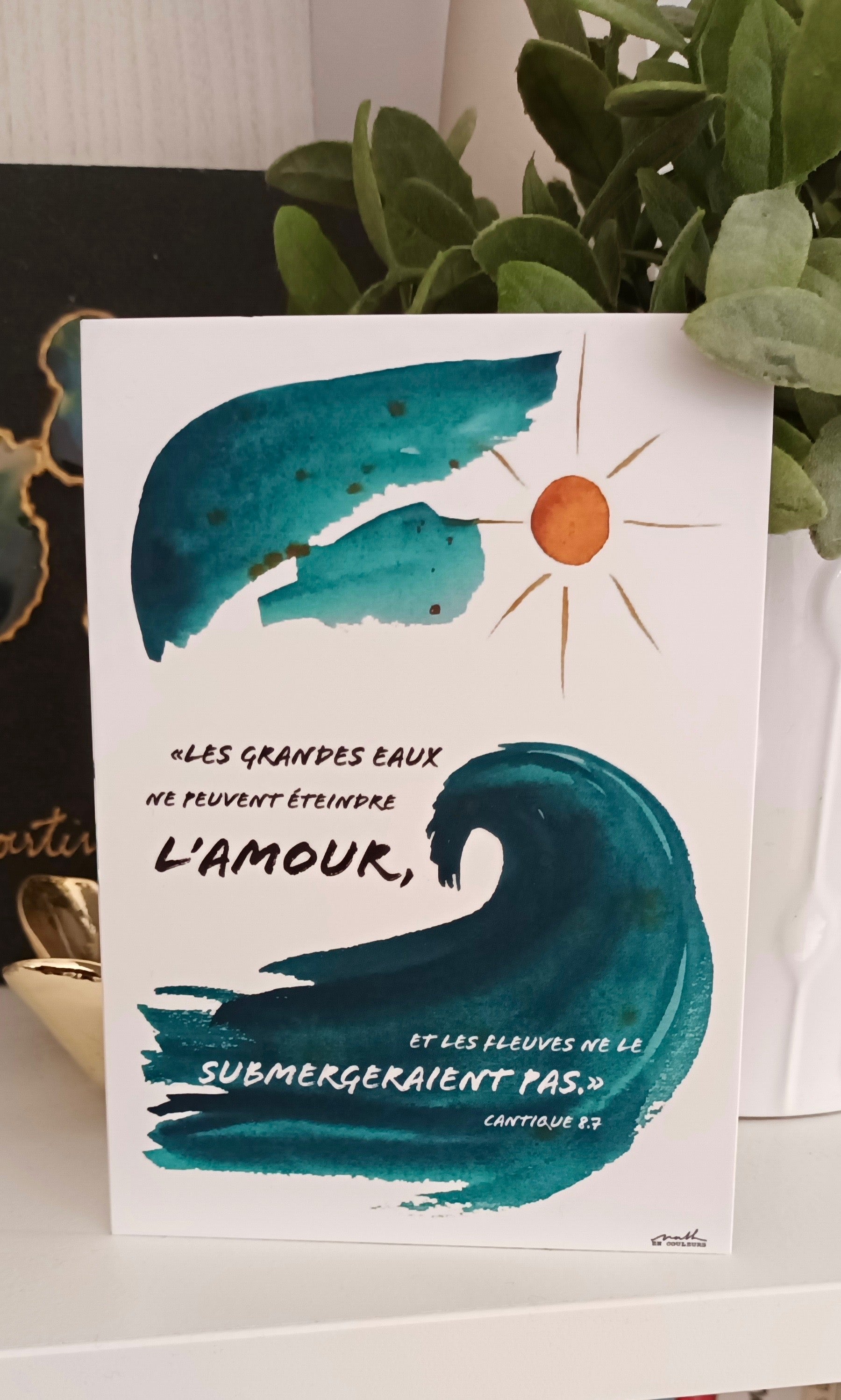 Illustration du cantique les grandes eaux ne peuvent éteindre l'amour et les fleuves ne le submergeraient pas. Cantique des cantiques 8.7.