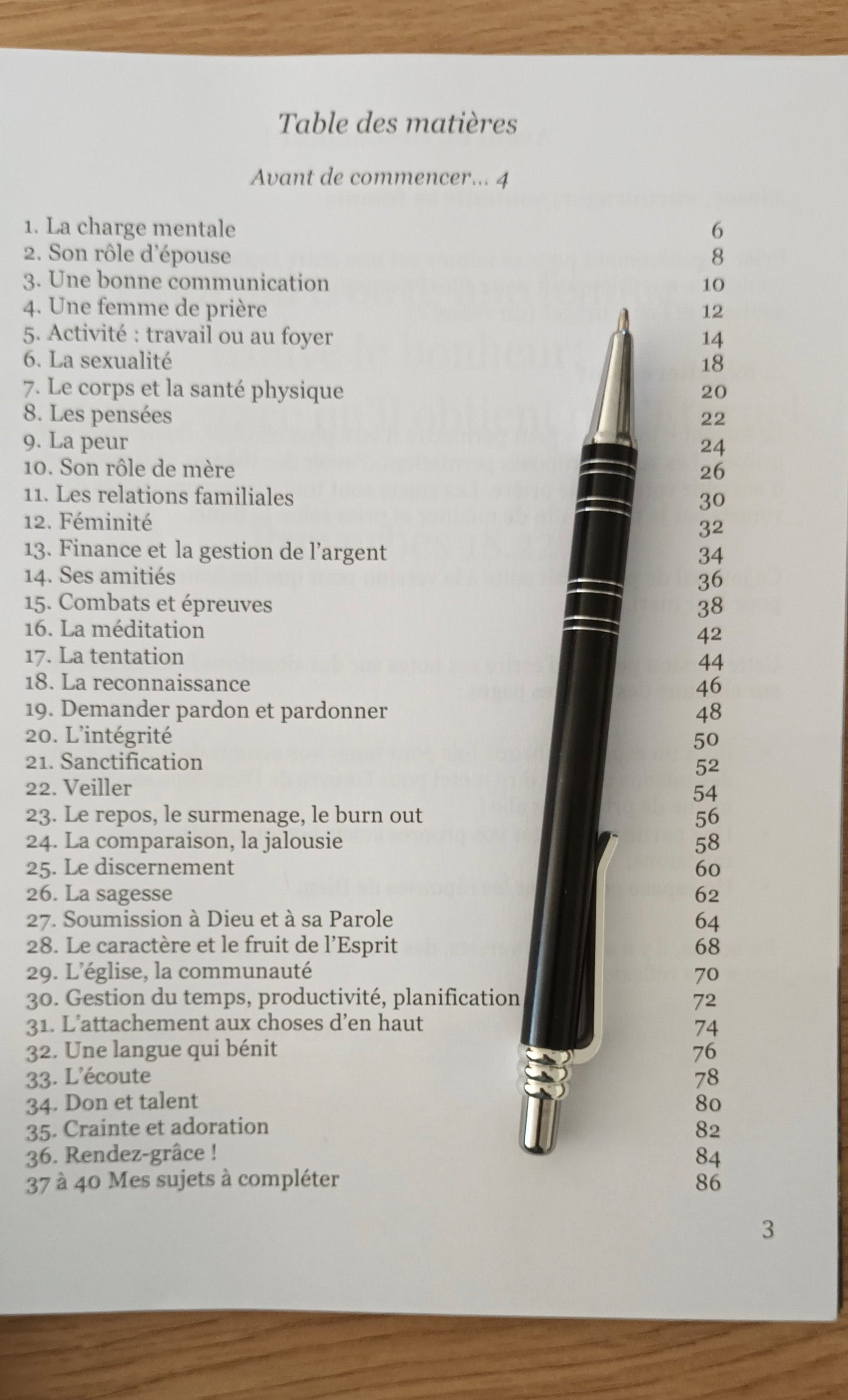 table des matières du journal de prière prier pour sa femme