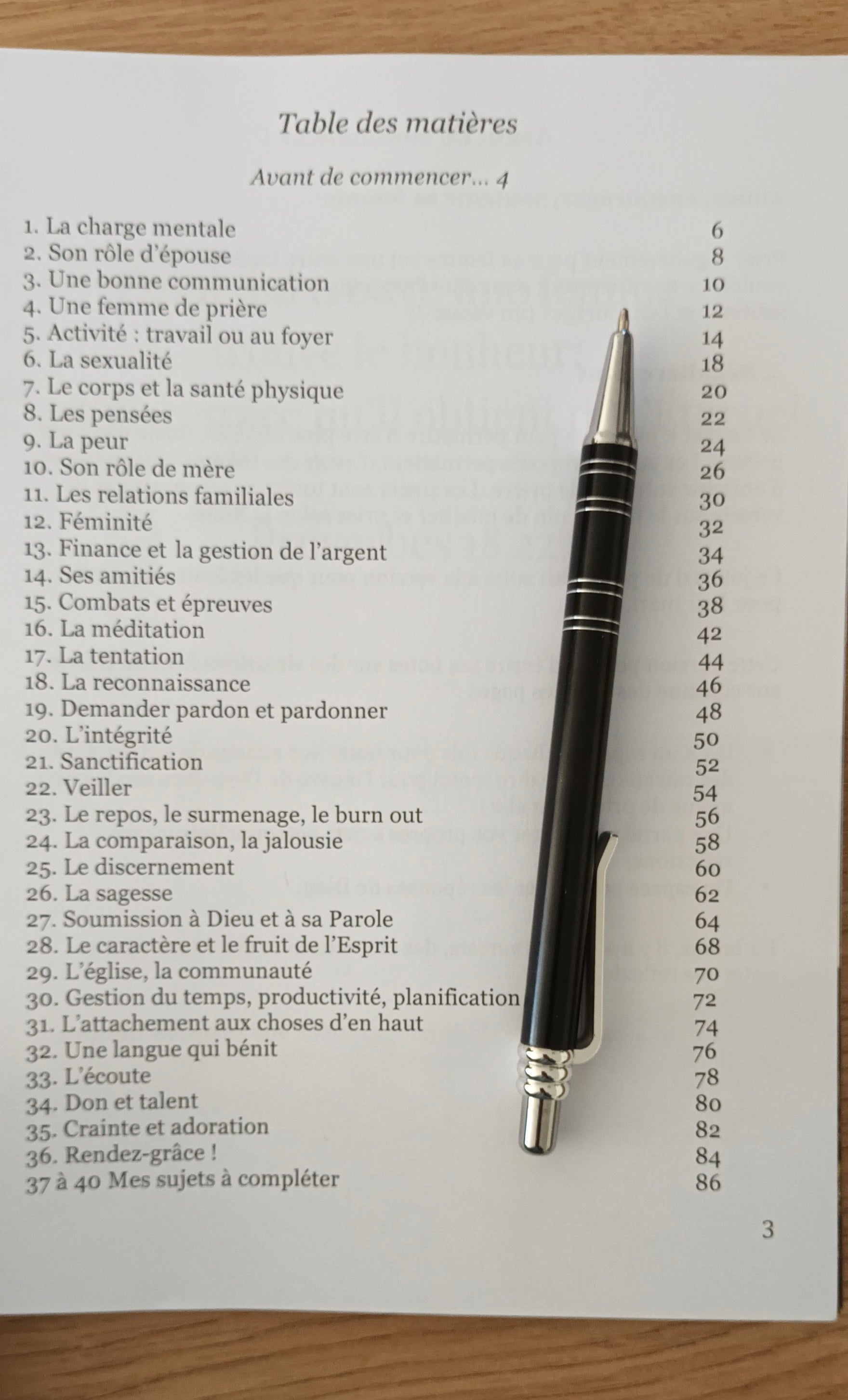 table des matières du journal de prière prier pour sa femme