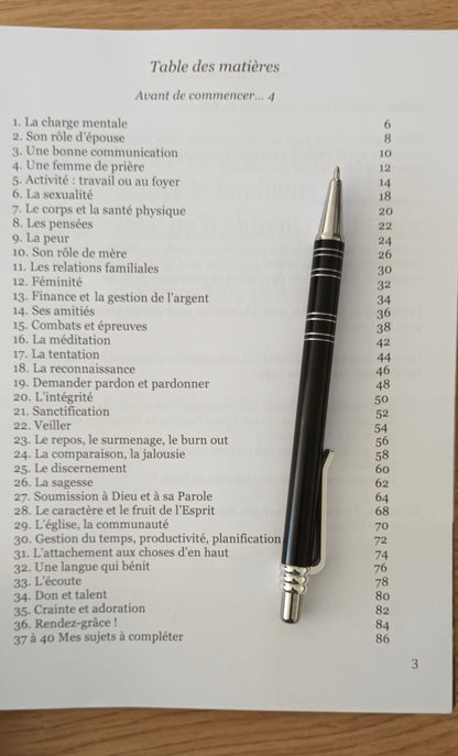 table des matières du journal de prière prier pour sa femme